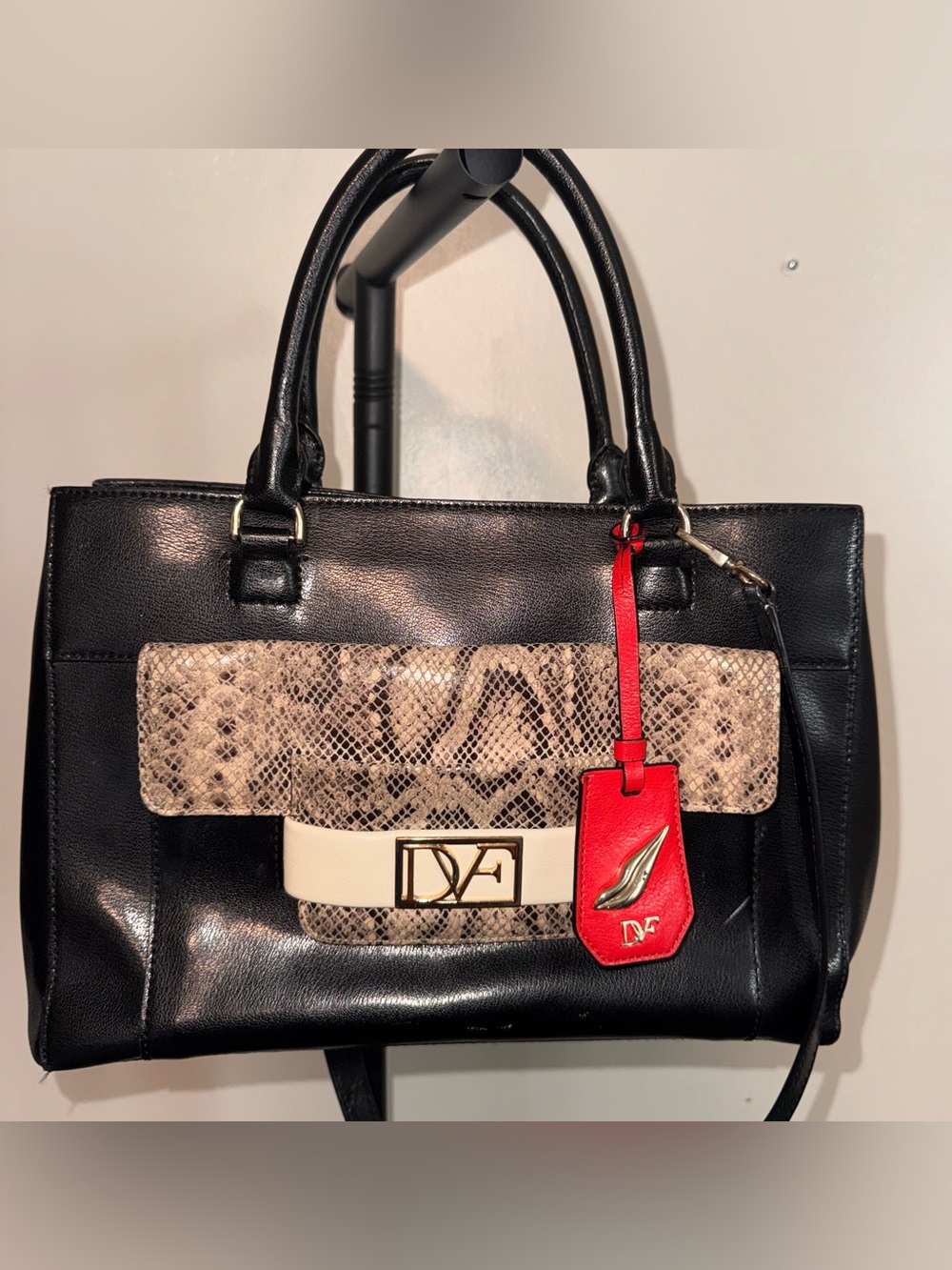 DVF Diane von Furstenberg Black Snake Print Leather Satchel Handbag